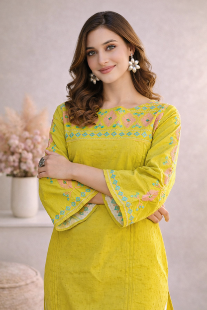 Close-up of thread work detailing on cotton kurti