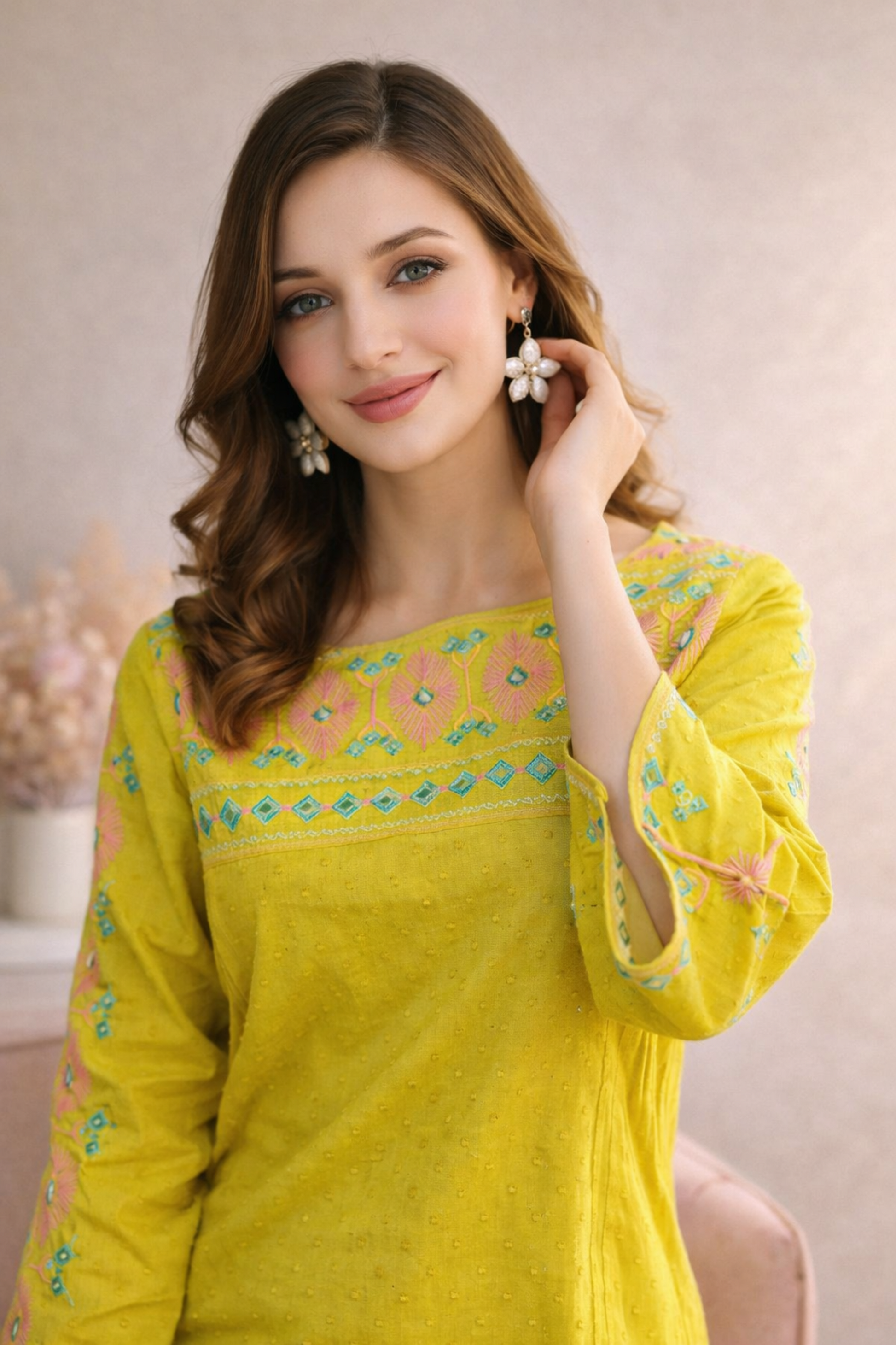 Daylight styling of lemon kurti for relaxed gatherings