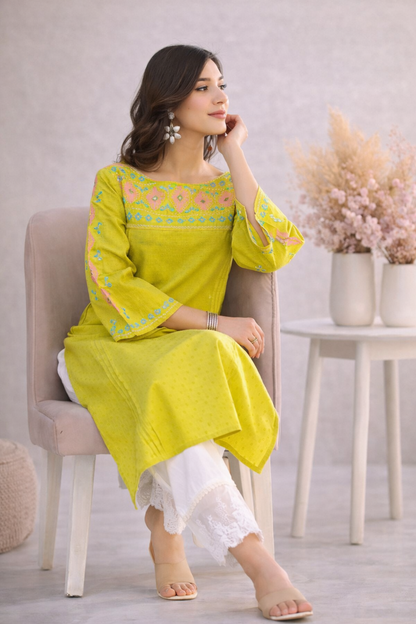 Pure cotton kurti for ladies in soft lemon shade