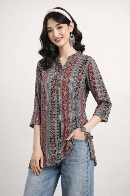 Side view of floral printed short kurti