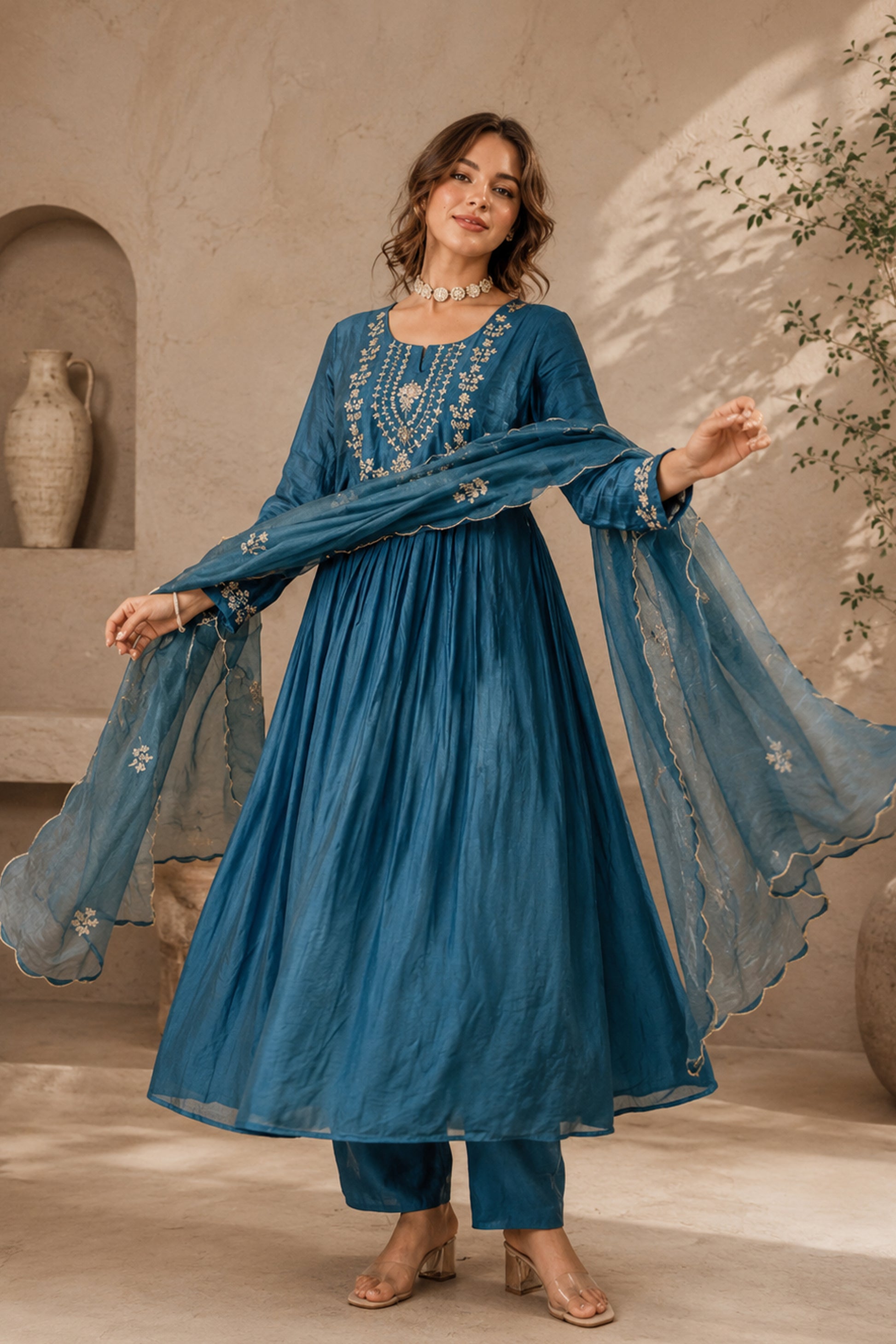 kurti for women in Blue Silk with flowing flare silhouette