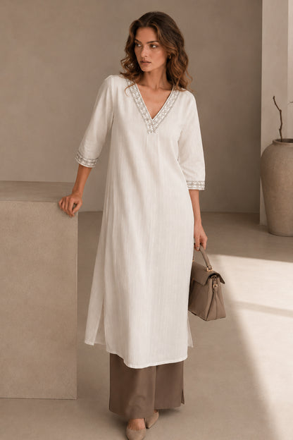 White cotton kurti with woven neckline detail