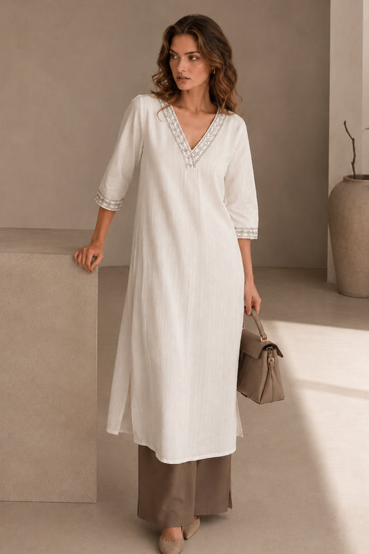 White cotton kurti with woven neckline detail