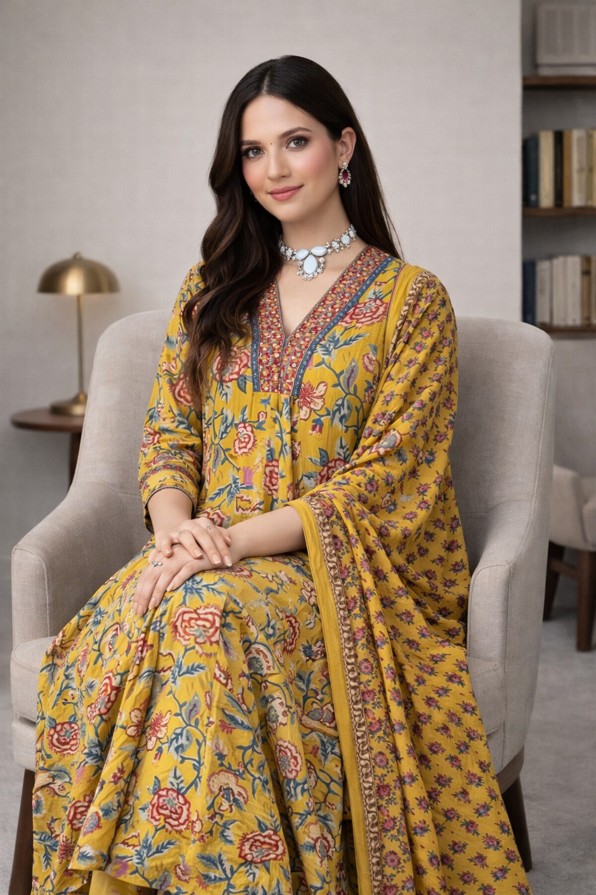 Festive daytime look featuring yellow Anarkali kurti