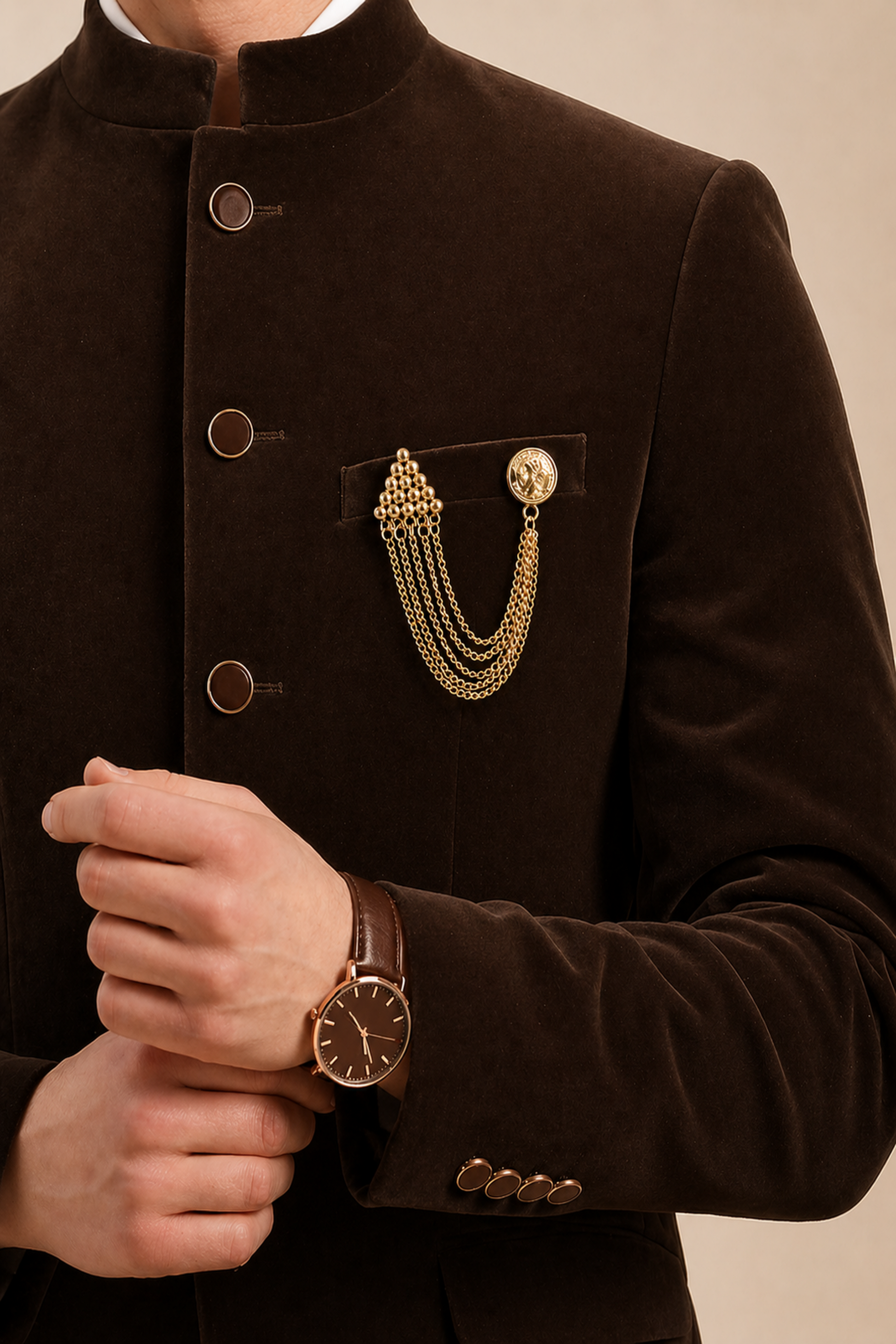 close view of bead cluster and coin detail brooch