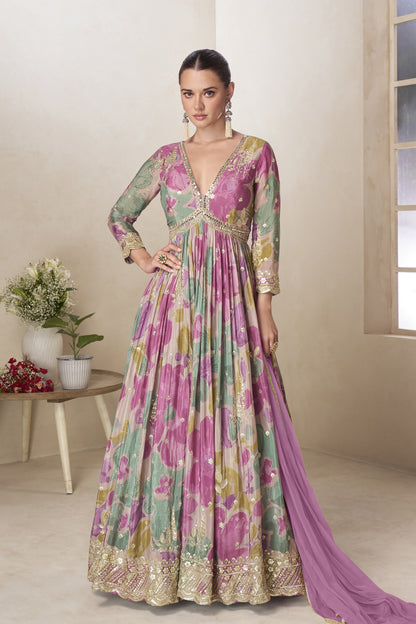 Lavender anarkali dress front view with embroidered detailing