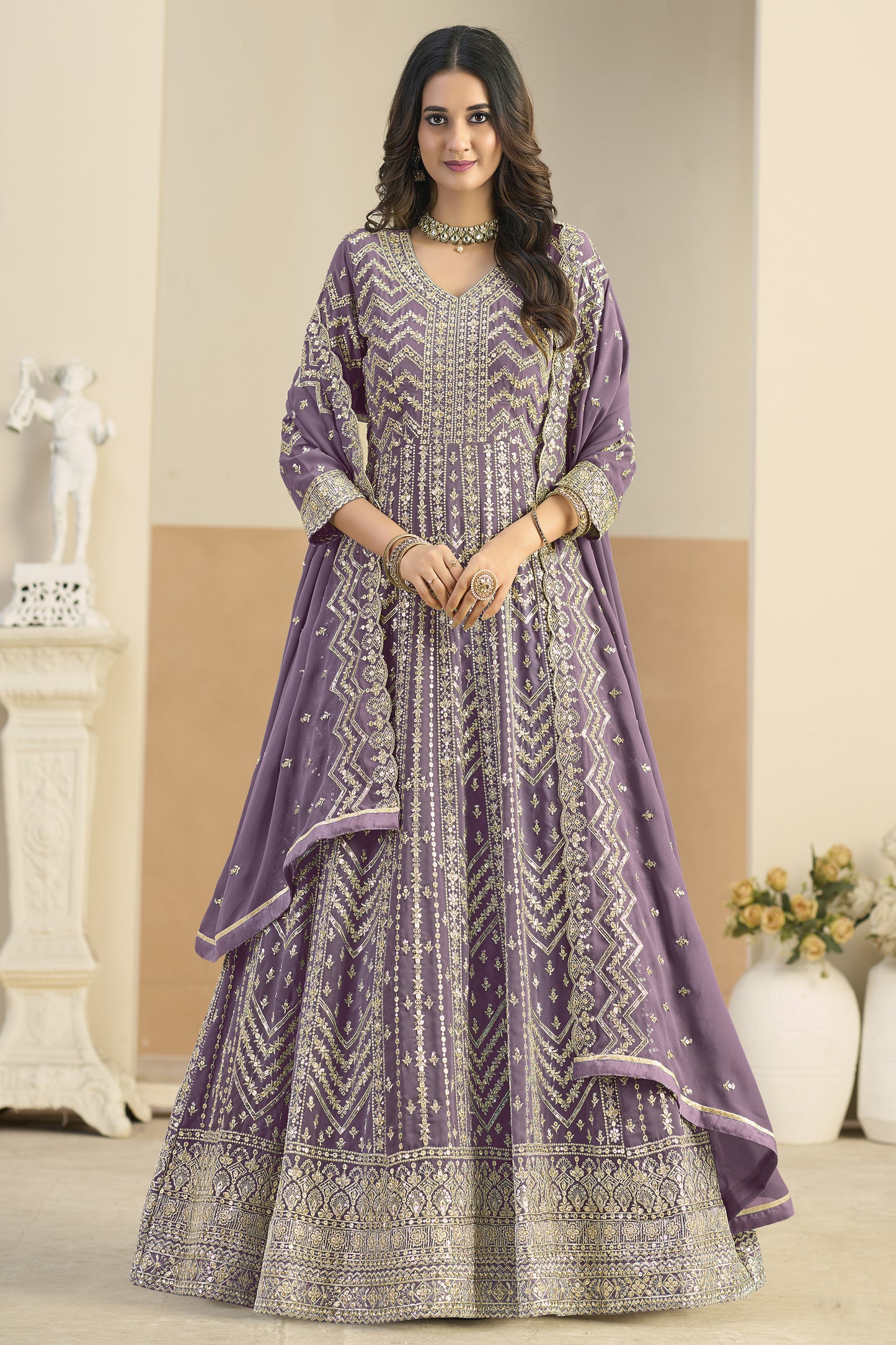 Lavender Anarkali dupatta gown full front view