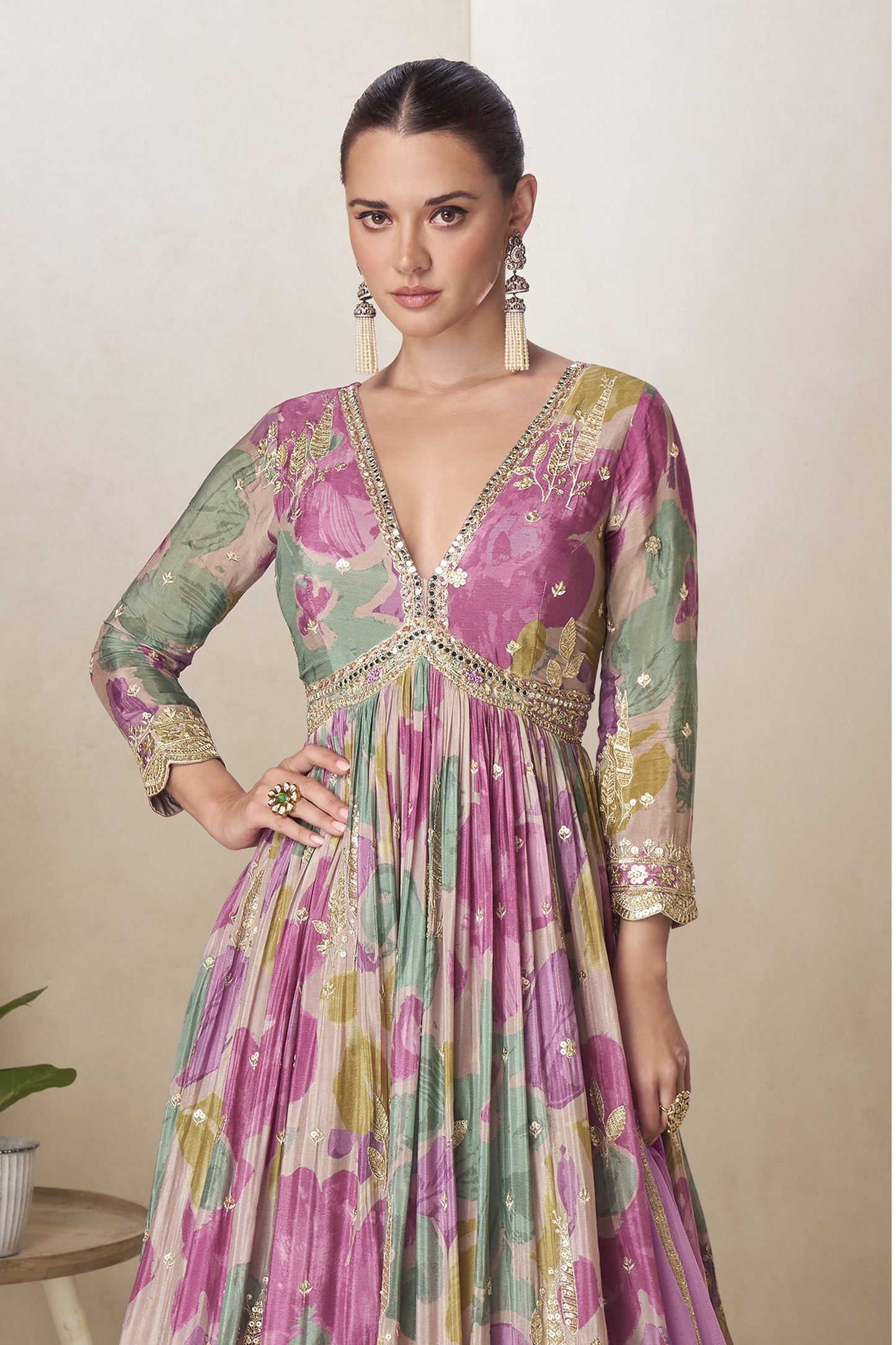 Real chinon fabric texture on lavender anarkali dress