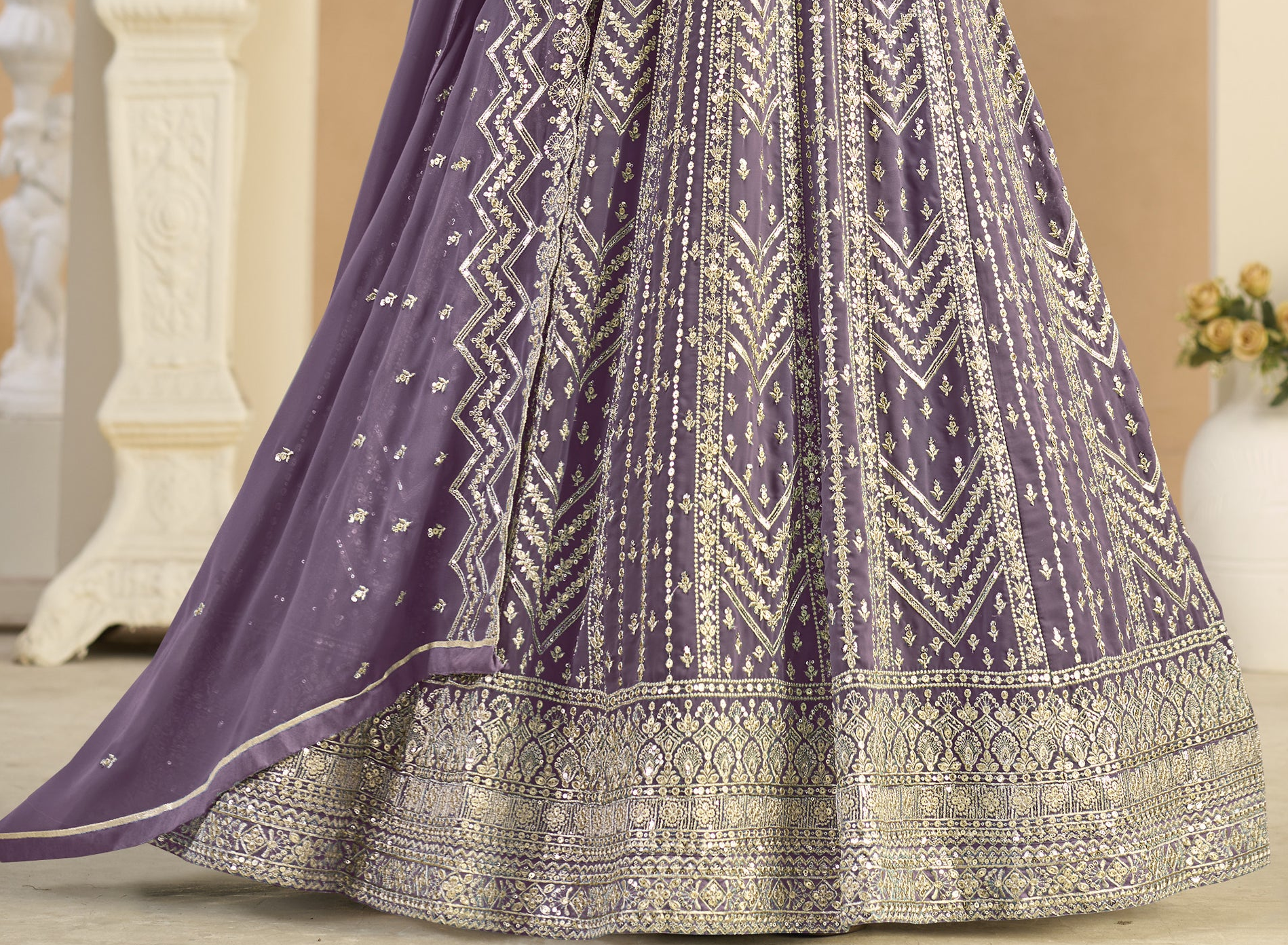 Lavender Anarkali gown full view with dupatta