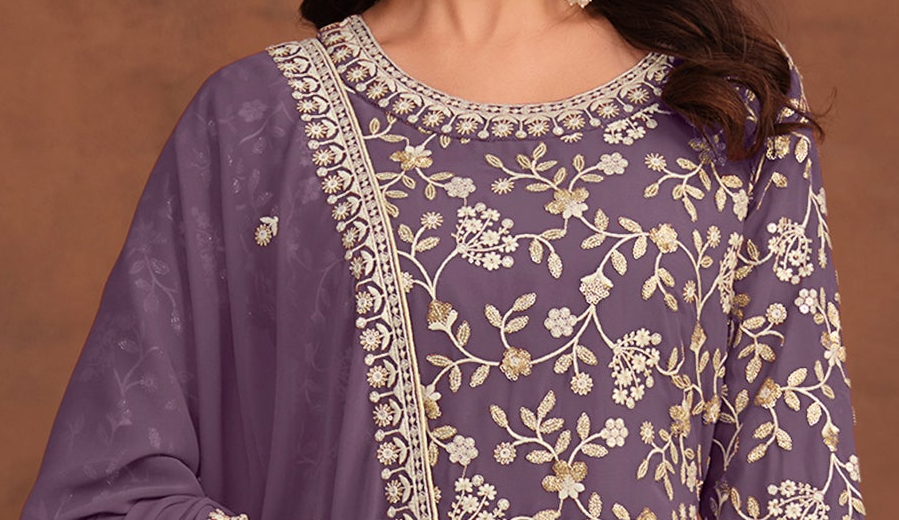 Styled lavender designer party suit with readymade dupatta