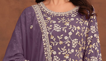 Styled lavender designer party suit with readymade dupatta