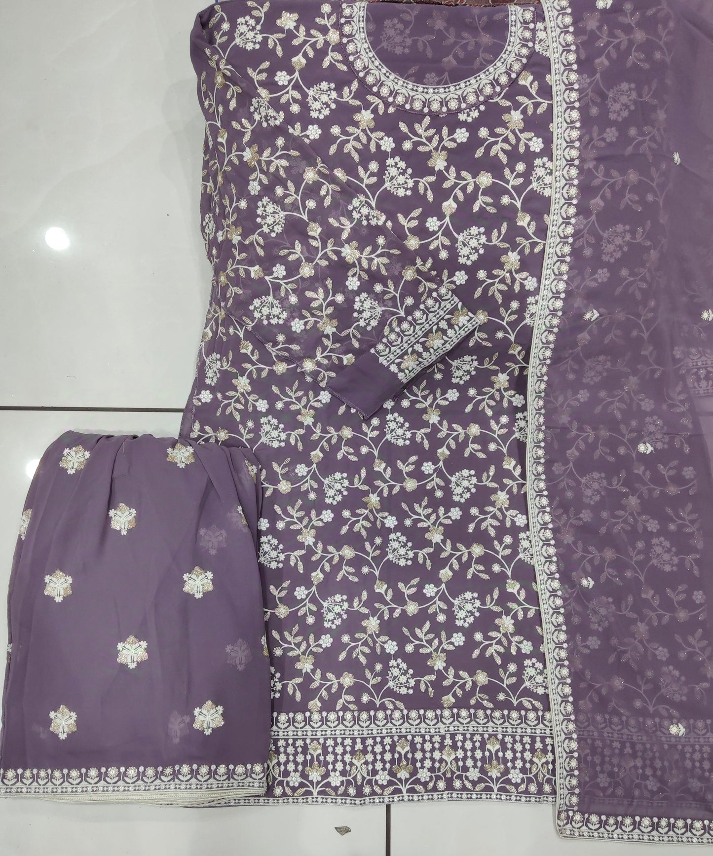 Styled lavender designer party suit with readymade dupatta