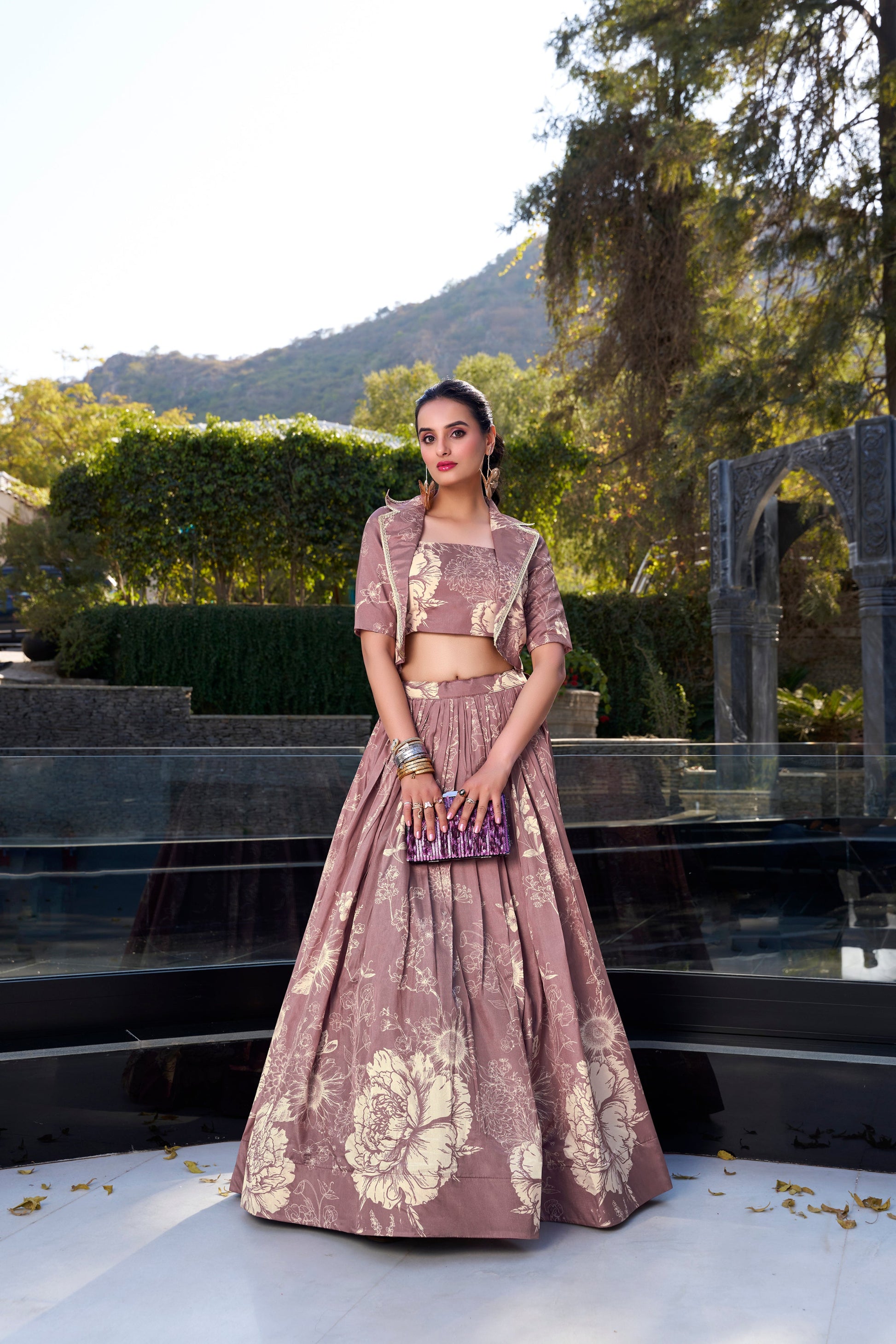 lavender lehenga choli front view with mirror work detailing