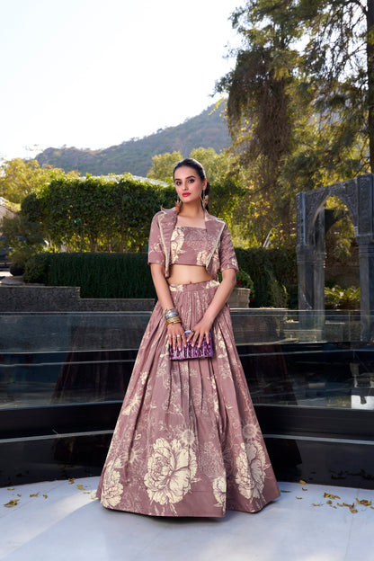 lavender lehenga choli front view with mirror work detailing