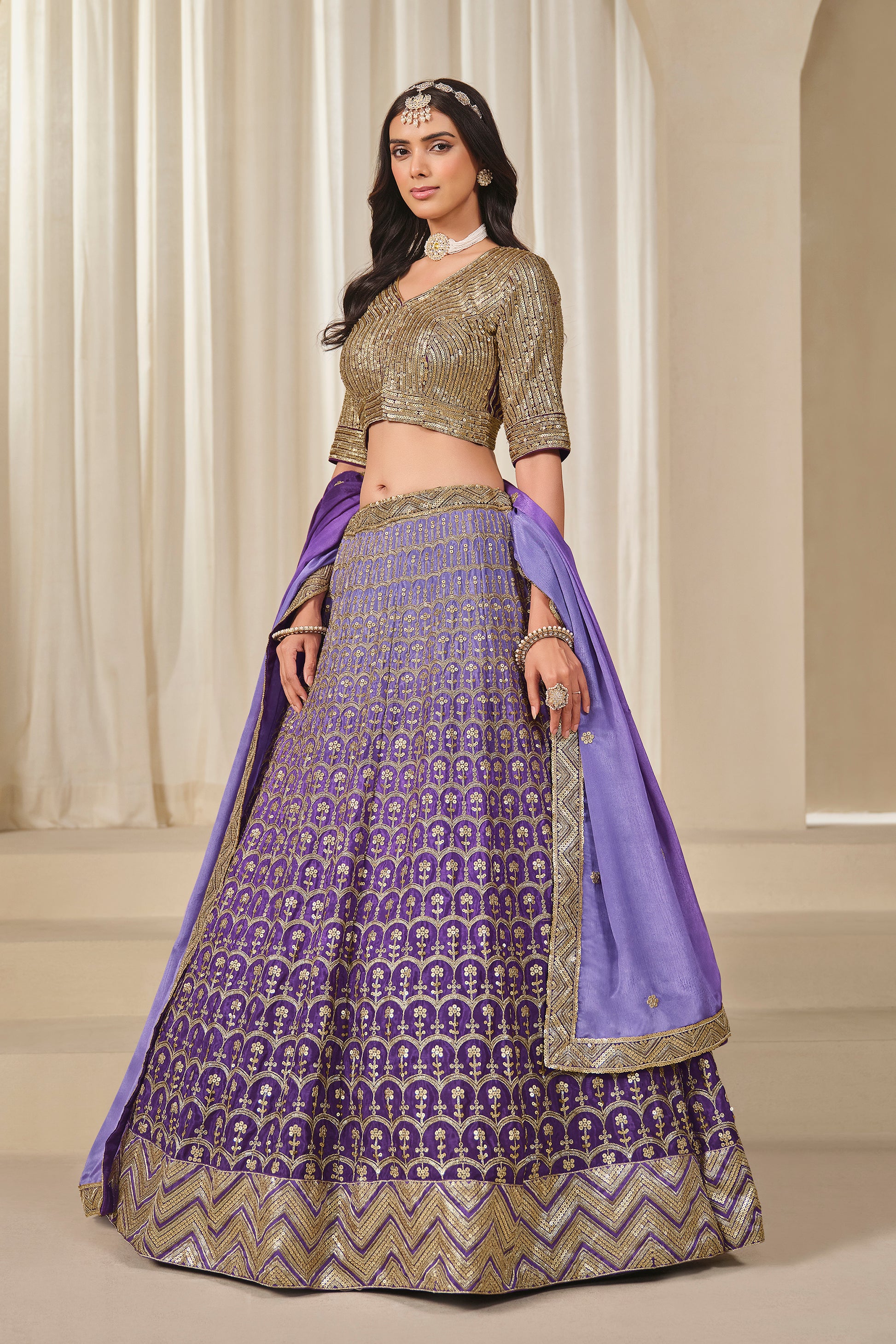 lavender lehenga choli full front view with embroidered detail