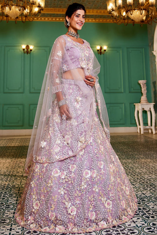 Side profile of lavender lehenga choli at reception event