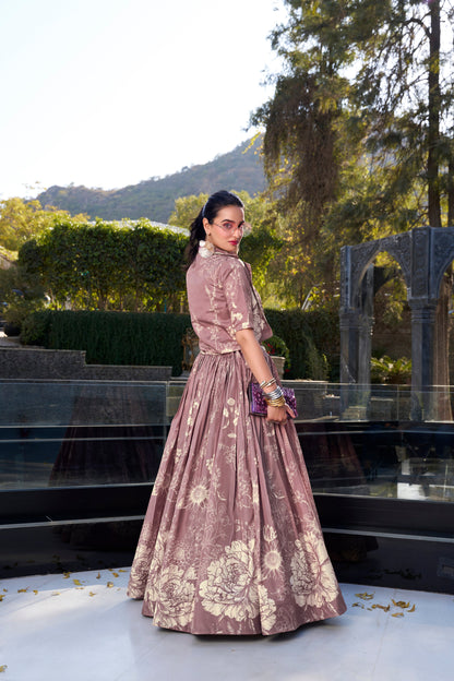 side profile of lavender lehenga choli with subtle handwork