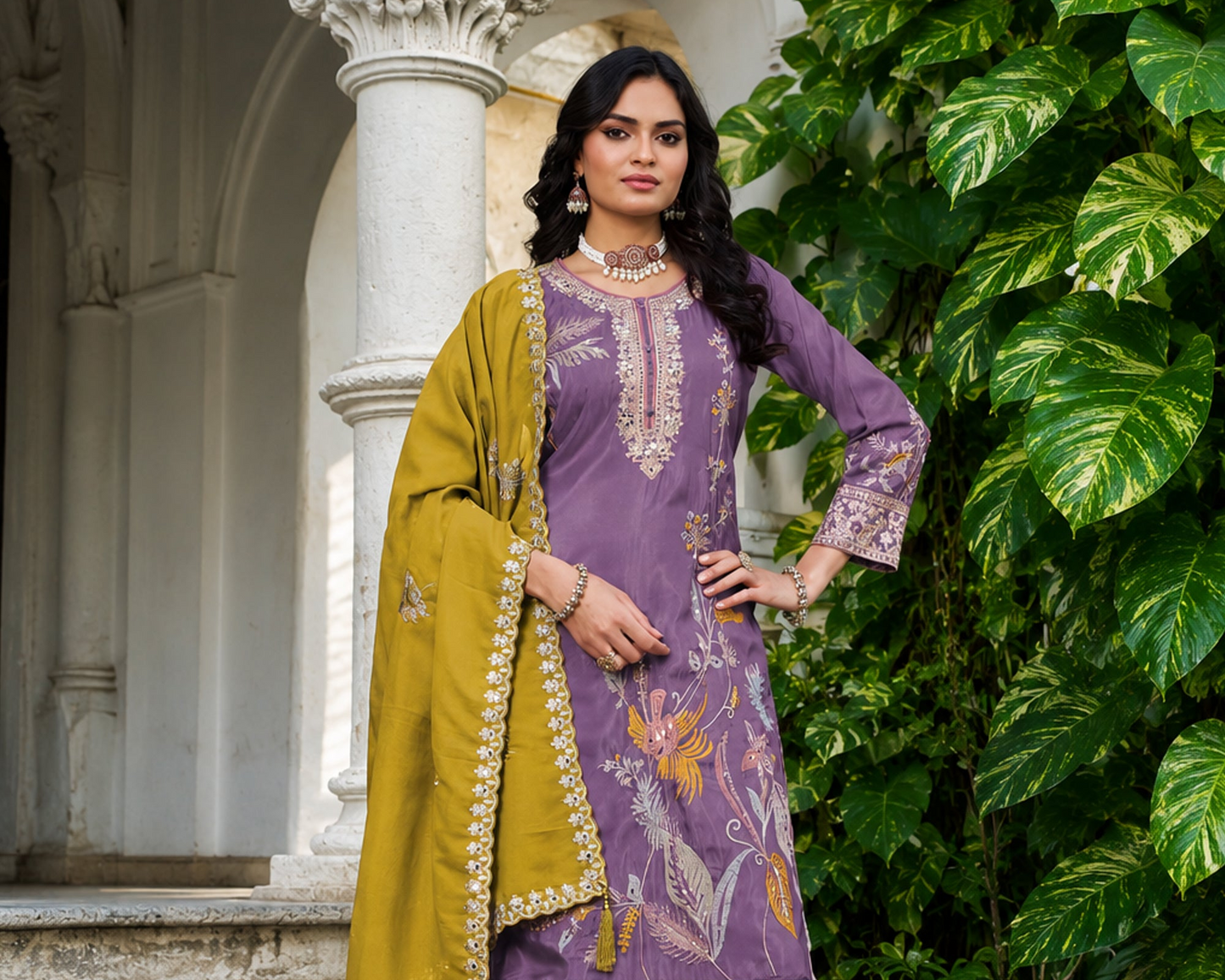 Wide Leg Palazzo In Lavender With 4 Colour Dhaga Work