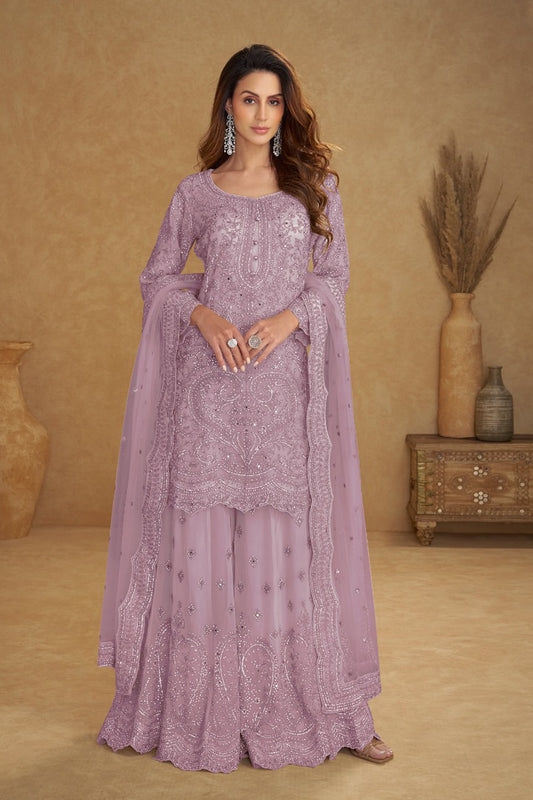 Lavender palazzo suit with embroidery and hand work front view