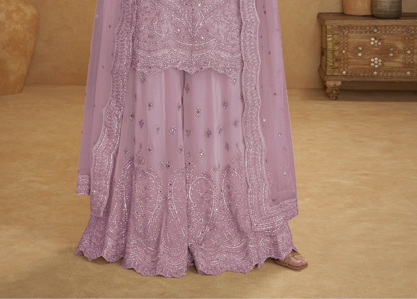 Lavender palazzo suit detail showing embroidery and hand craftsmanship
