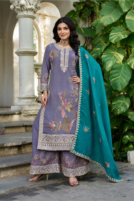 Woman Wearing Lavender Palazzo Suit With Embroidery Work