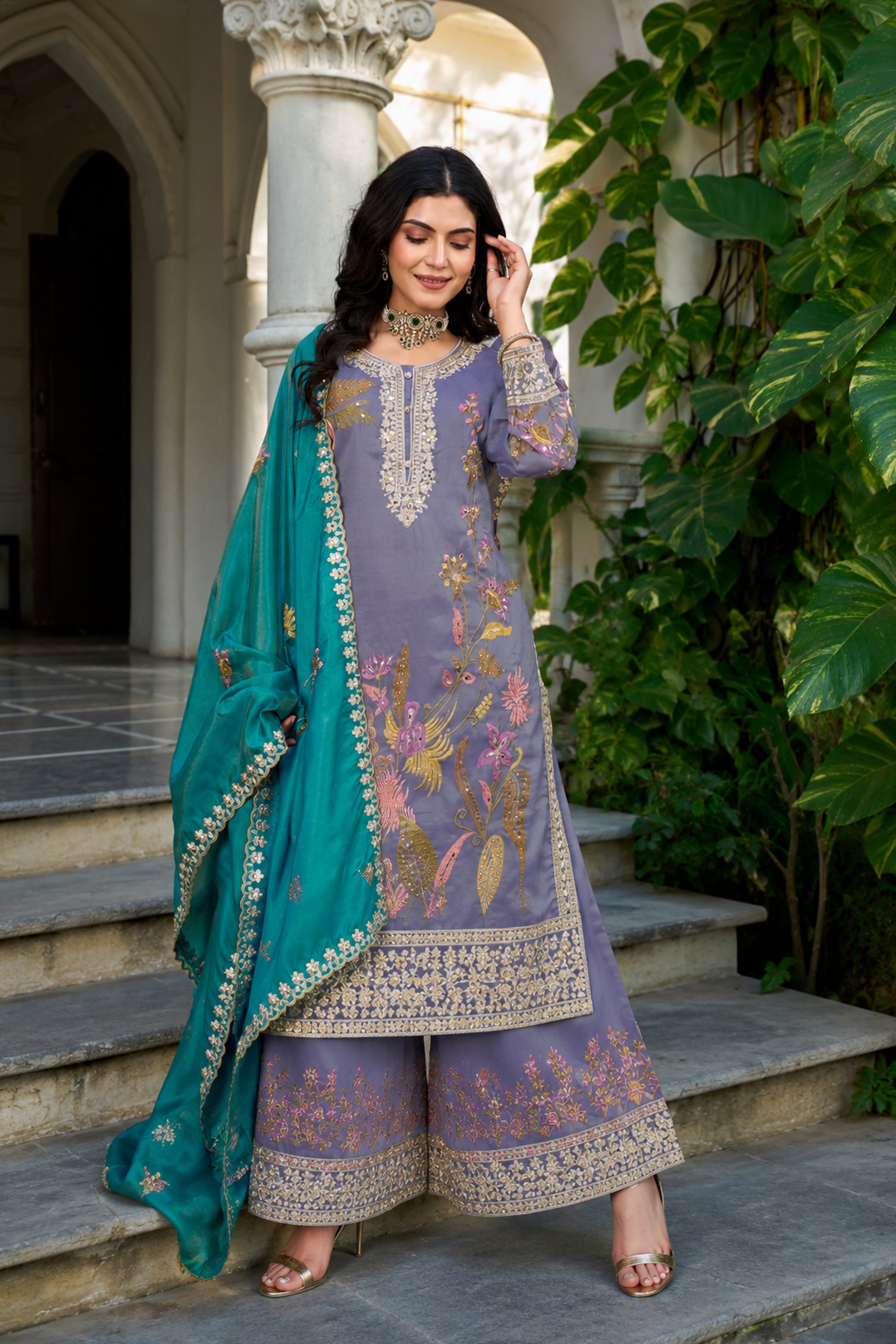 Lavender Palazzo Suit Styled With Embroidered Dupatta