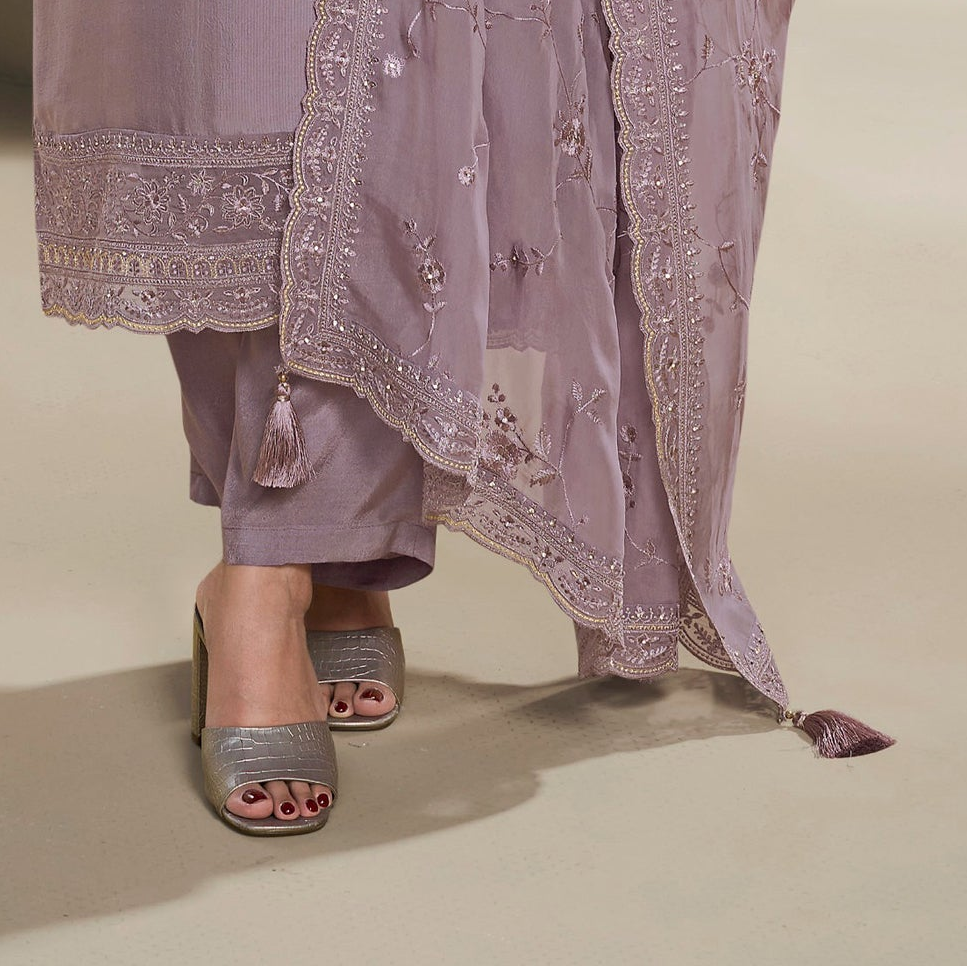 Elegant lavender embroidered outfit inspired by classic cultural styles