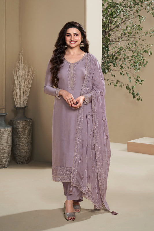 Lavender salwar kameez for women with heavy embroidery front view