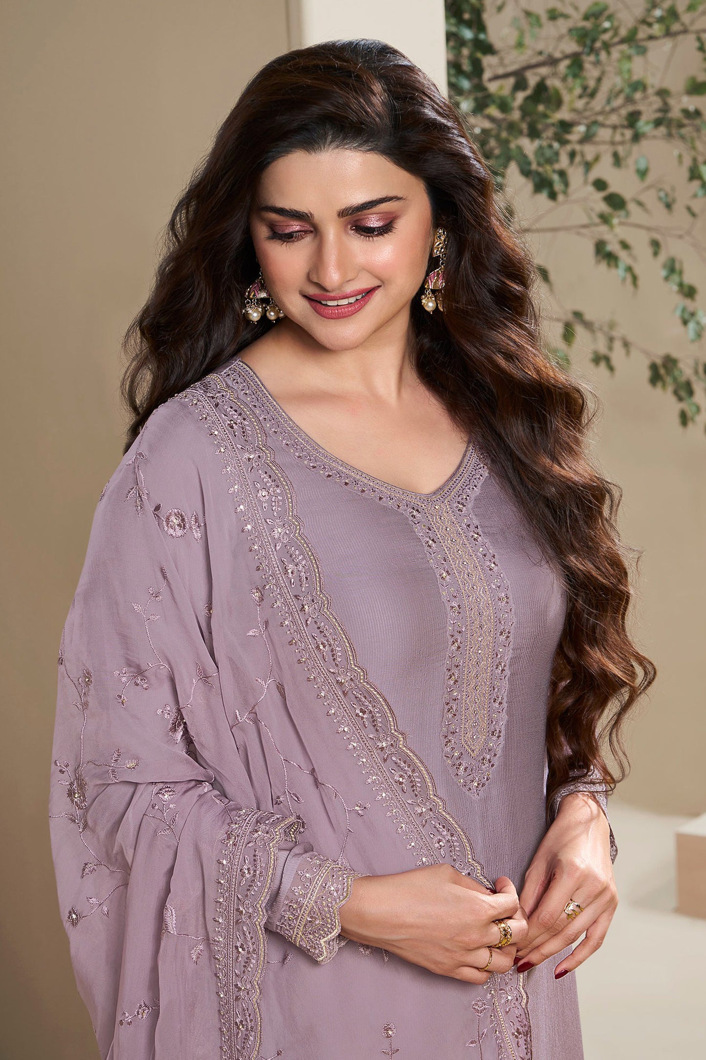 Lavender salwar kameez for women with heavy embroidery front view