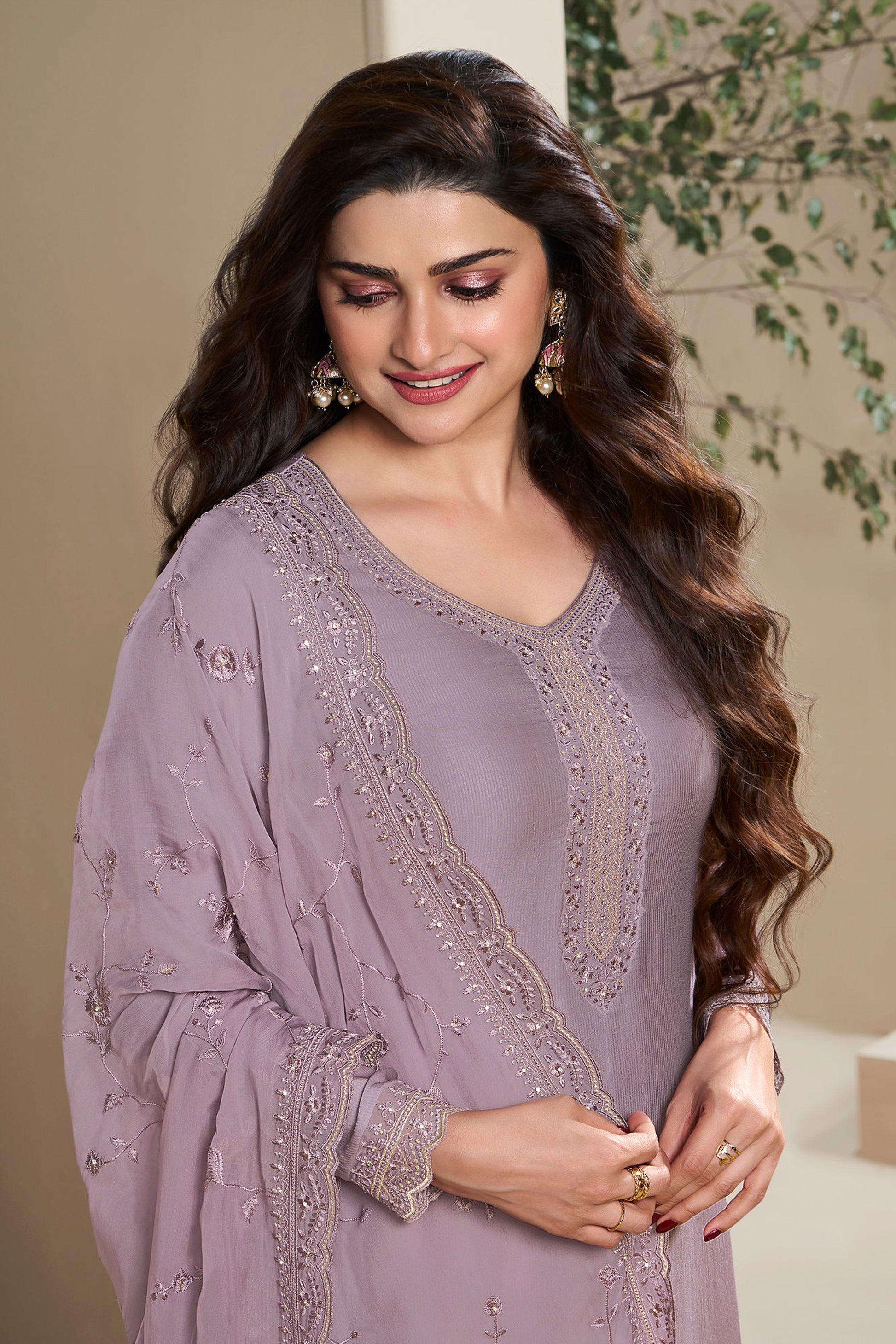 Lavender salwar kameez for women with heavy embroidery front view
