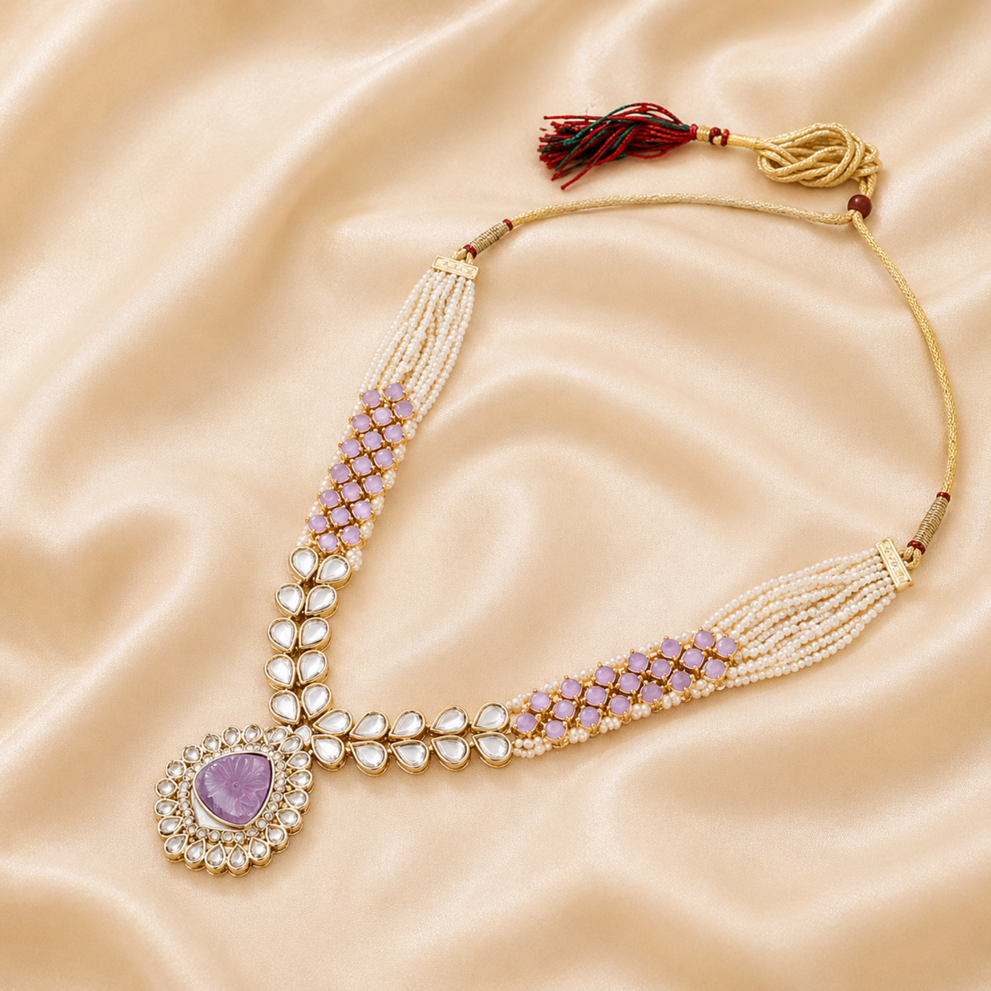 Close view of pearl strand necklace with purple pendant