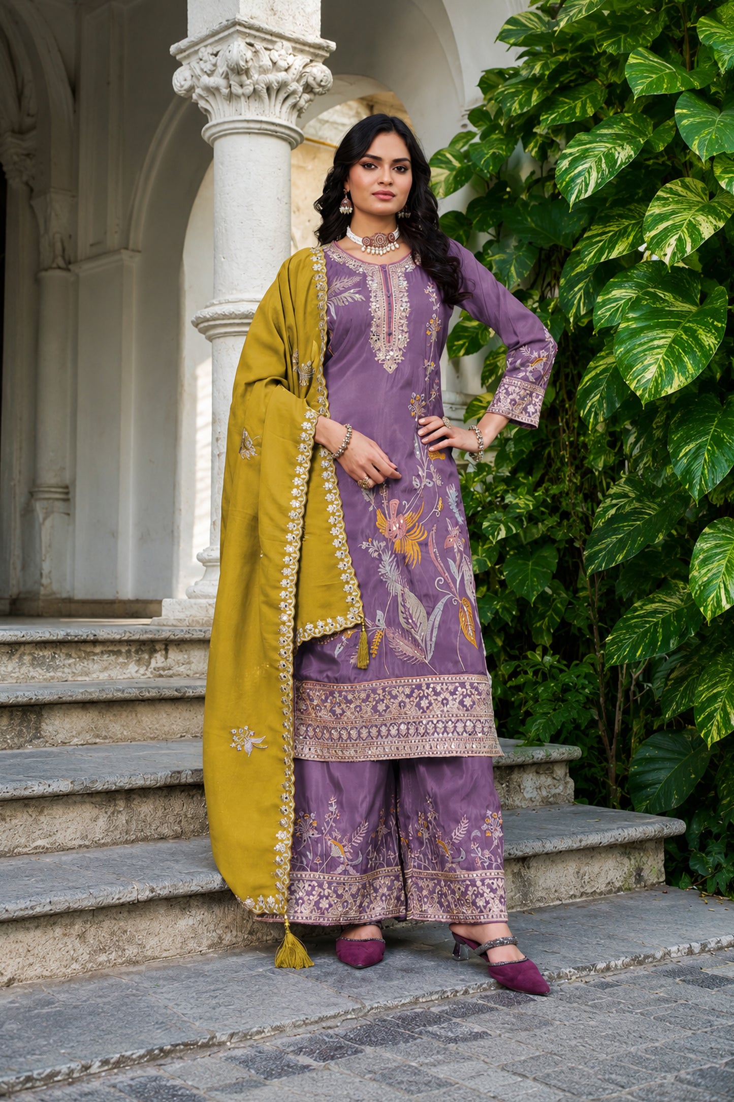 Lavender Wide Leg Palazzo With Sequence And Dori Work