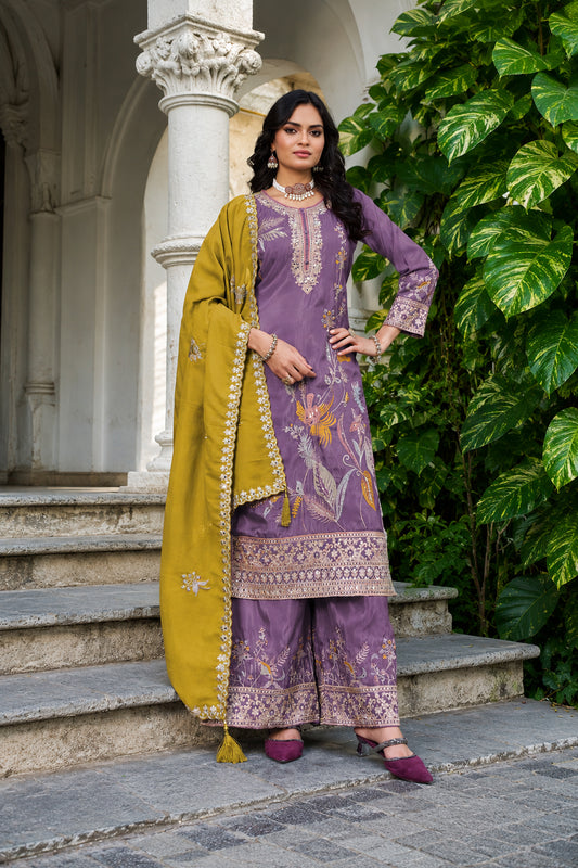 Lavender Wide Leg Palazzo With Sequence And Dori Work