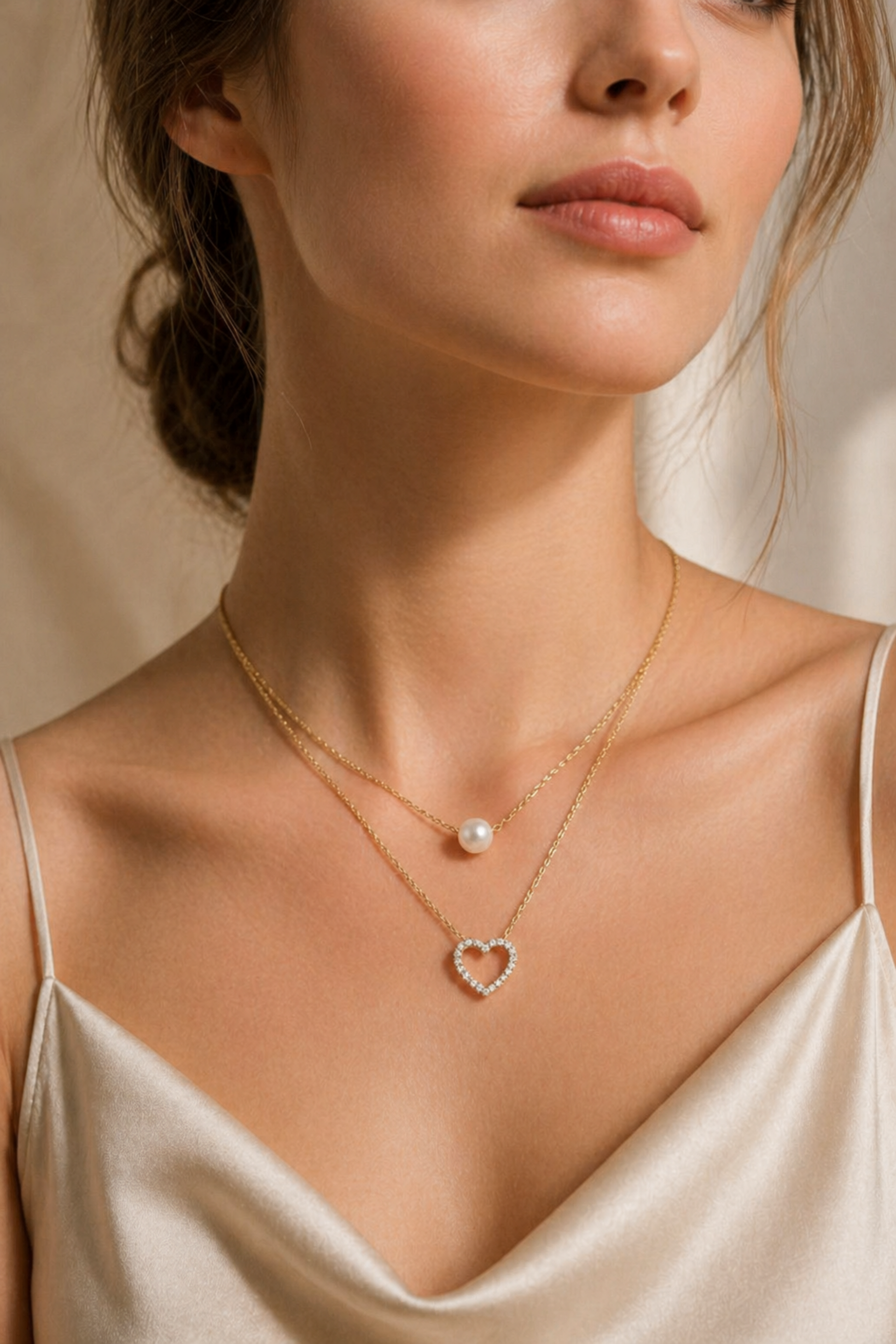 double chain gold necklace with crystal heart charm
