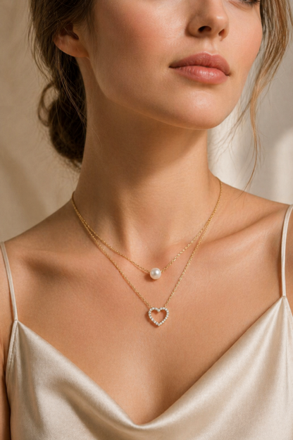 double chain gold necklace with crystal heart charm