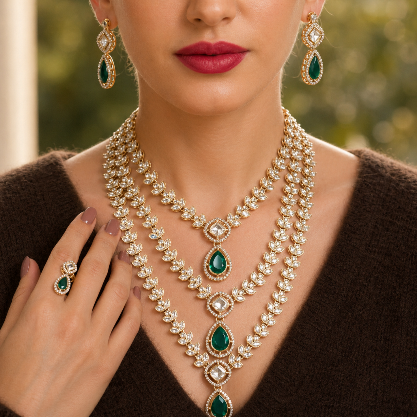 Model wearing layered necklace set with drop earrings
