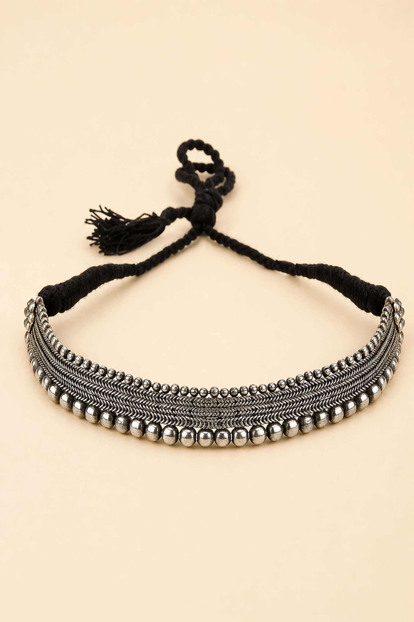 layered silver choker with adjustable thread closure