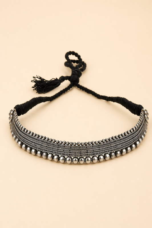 layered silver choker with adjustable thread closure