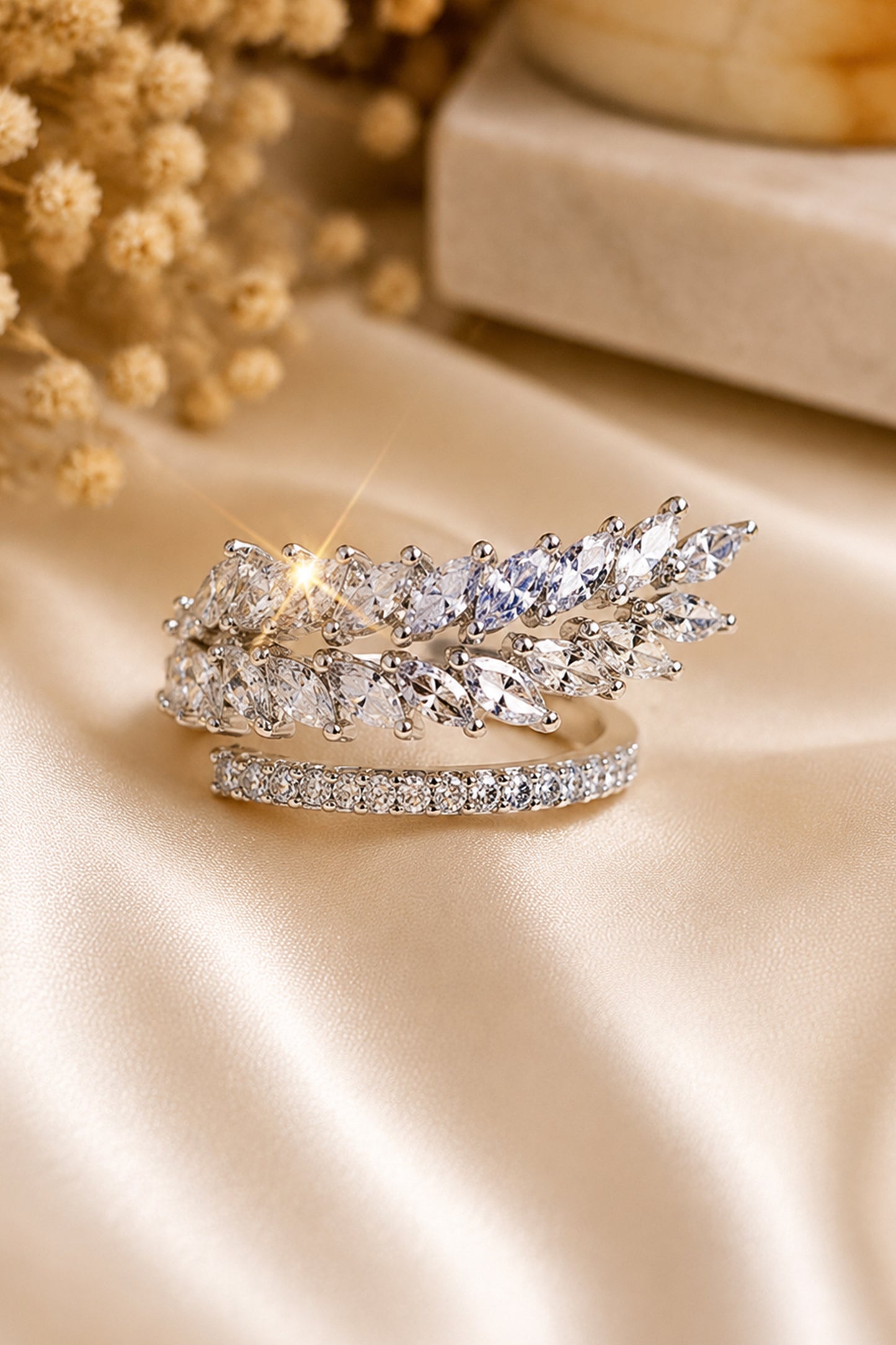 marquise stone ring worn on hand close view