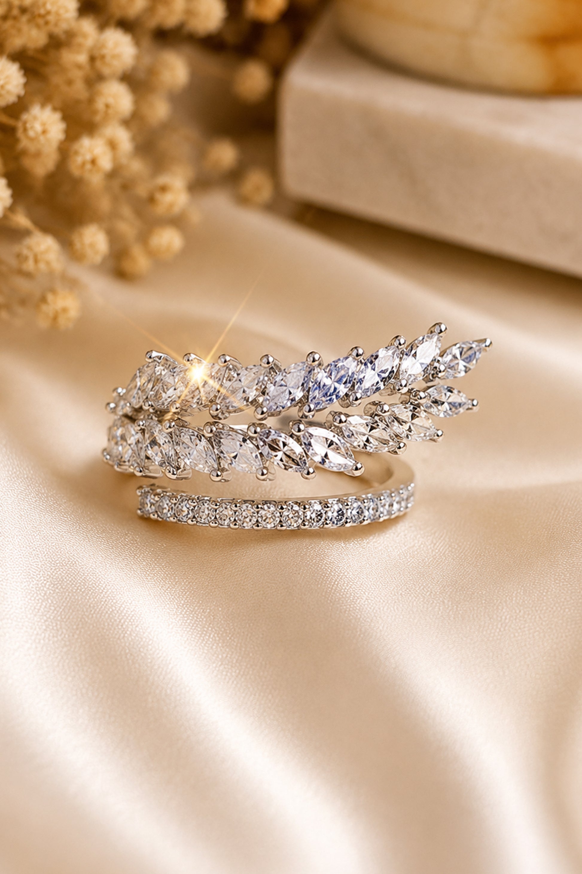 marquise stone ring worn on hand close view