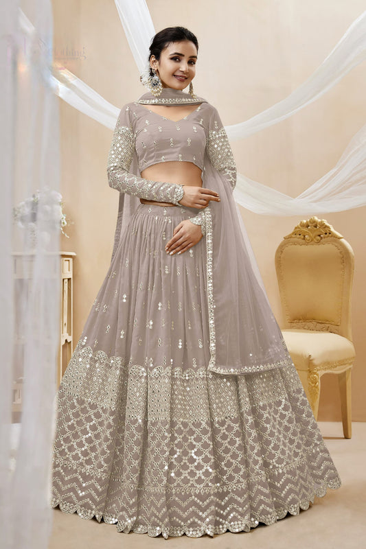 Grey lehenga and choli designs with sequins embroidery front view