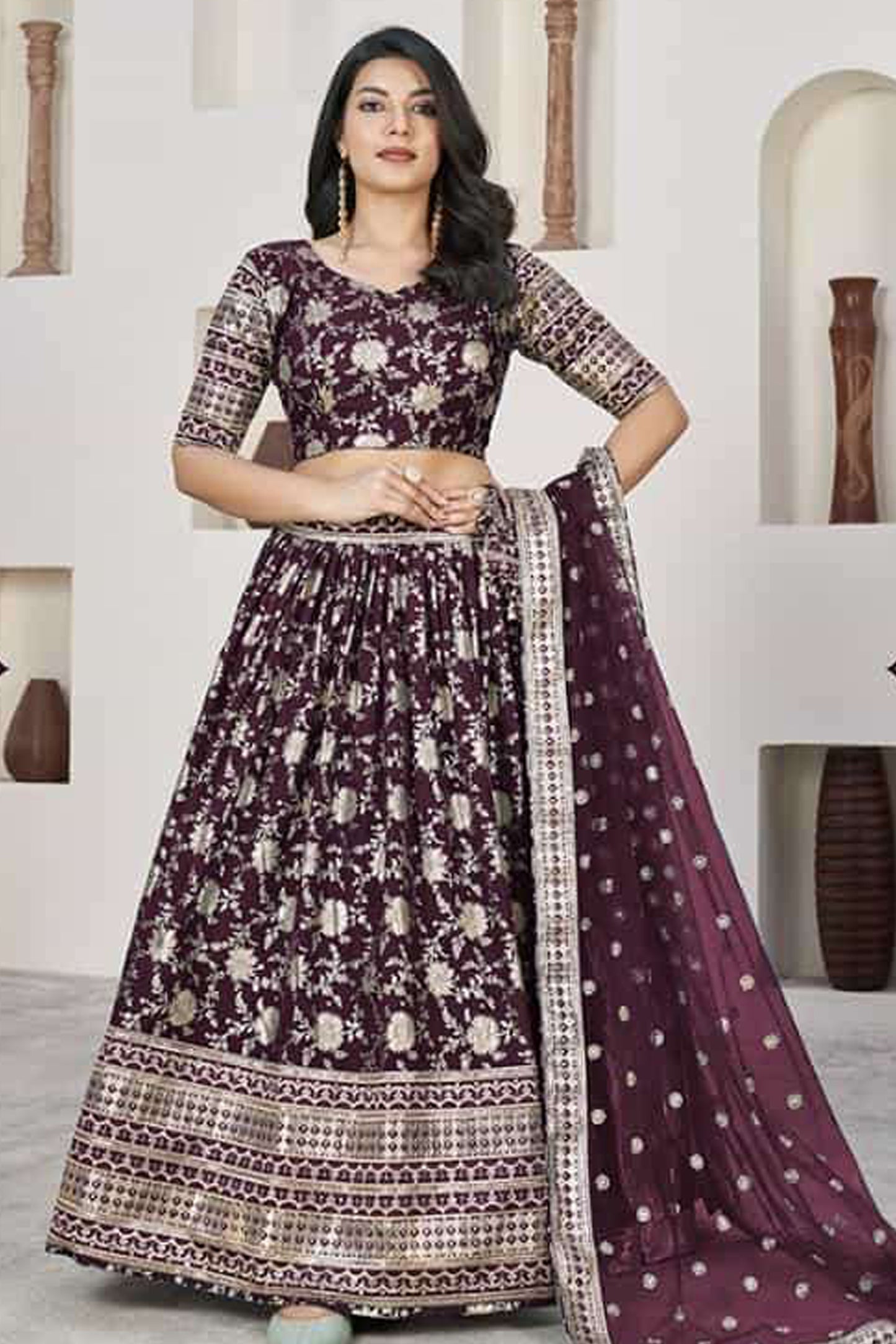 Wine lehenga and choli designs front view with embroidery