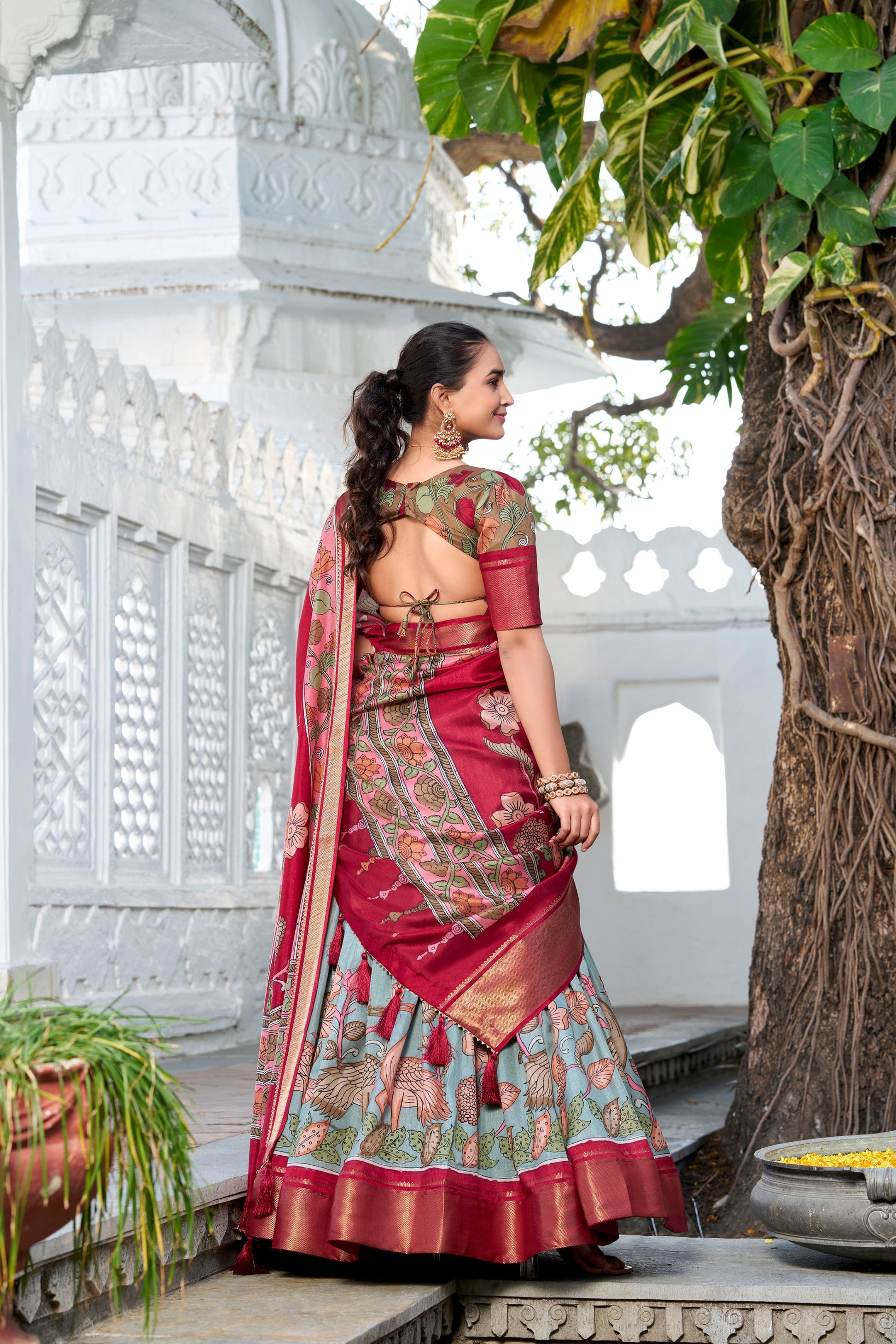 Fabric texture of dola silk lehenga under natural light
