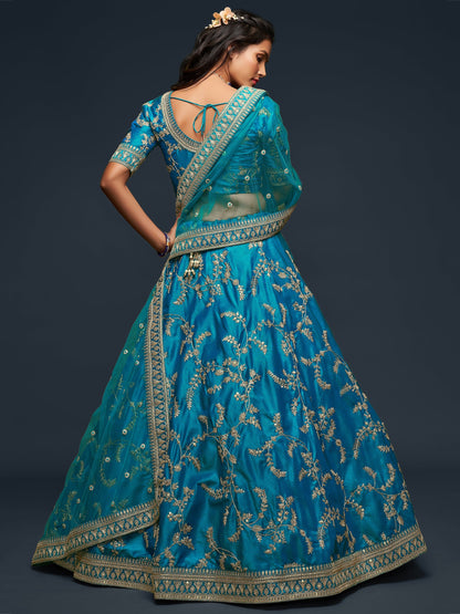 Sequins work shimmer on cyan reception lehenga fabric