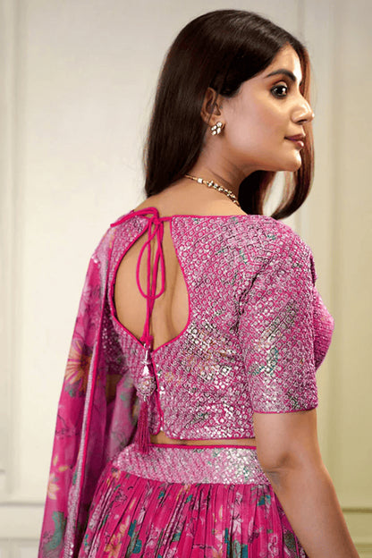 Back view of traditional lehenga with soft pink tones