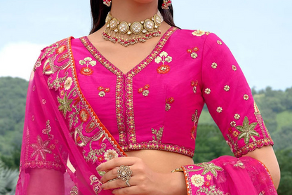 Traditional lehenga for women pink embroidery detail