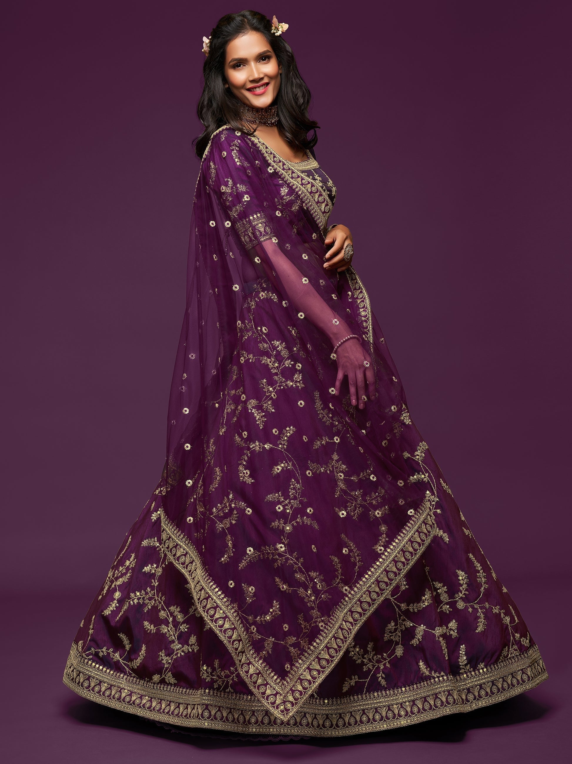 Dark purple lehenga choli side angle showing flare