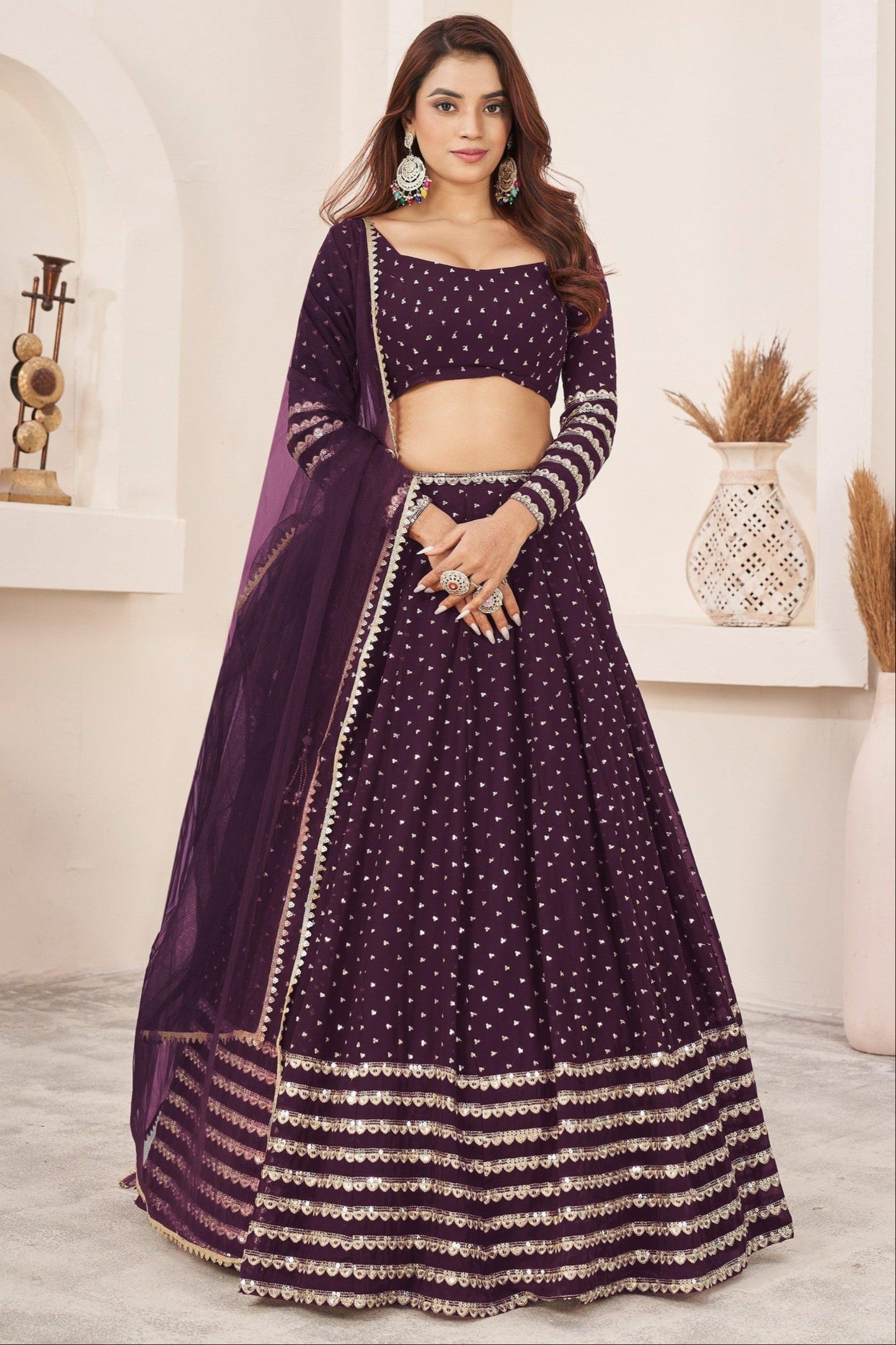 Lehenga choli Dark Purple full front view with embroidery