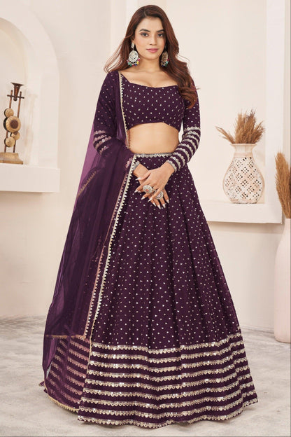 Lehenga choli Dark Purple full front view with embroidery