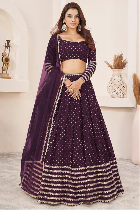 Lehenga choli Dark Purple full front view with embroidery